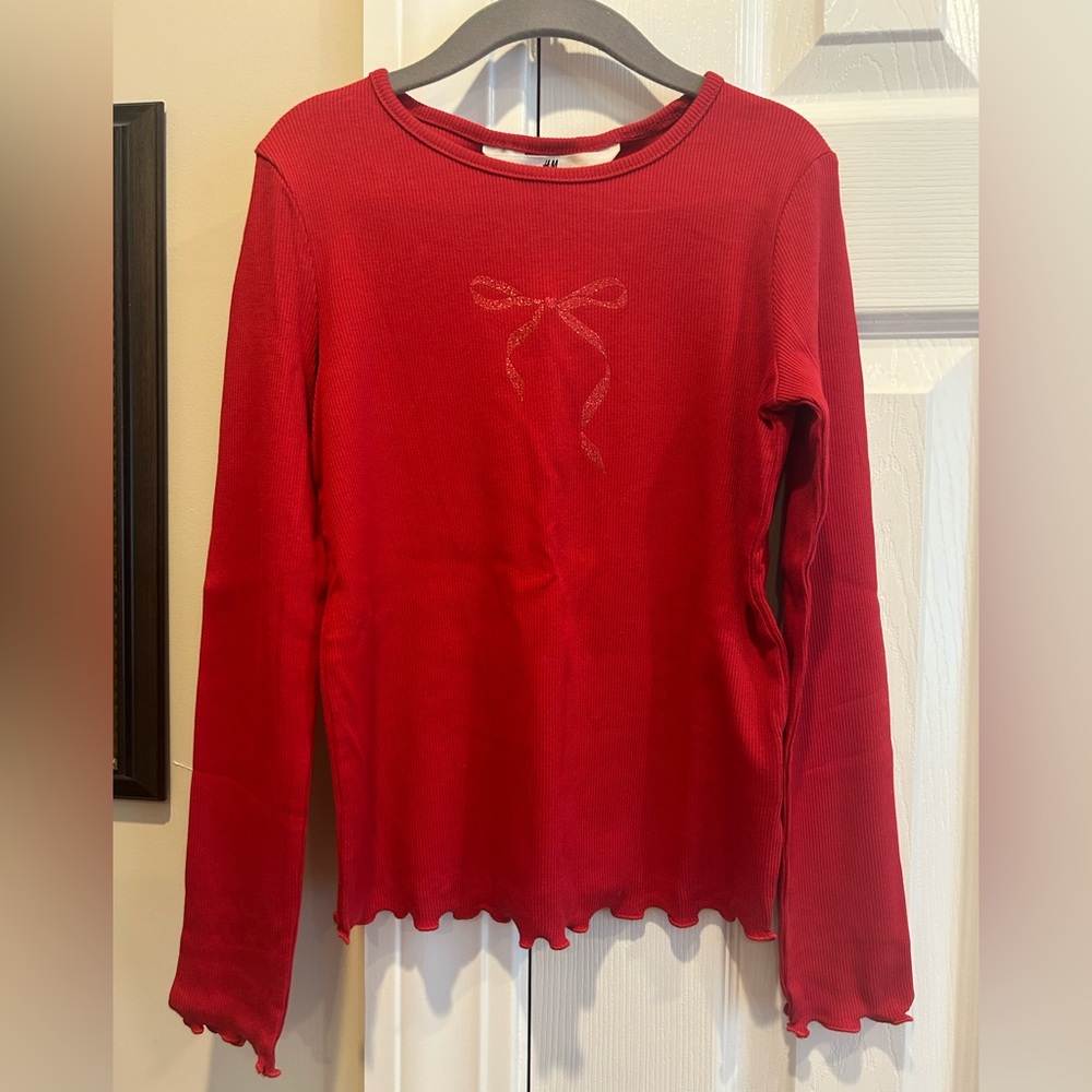 H&M Red Ribbed Long Sleeve Top with Bow Detail